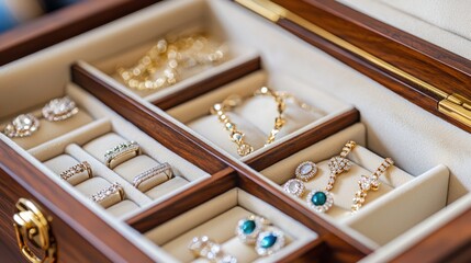 An open jewelry box with compartments neatly organizing a collection of fine jewelry.