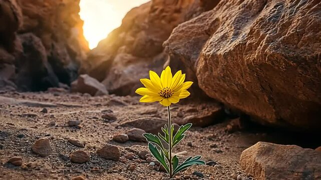 Solitary Yellow Wildflower Blooming in a Rocky Canyon at Sunset