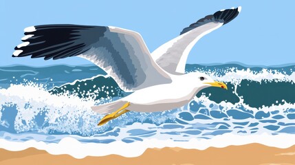 Seagull Soaring Above Vibrant Ocean Waves