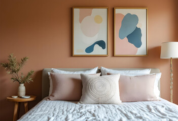 Abstract Art Prints Above Bedroom Bed Neutral Decor