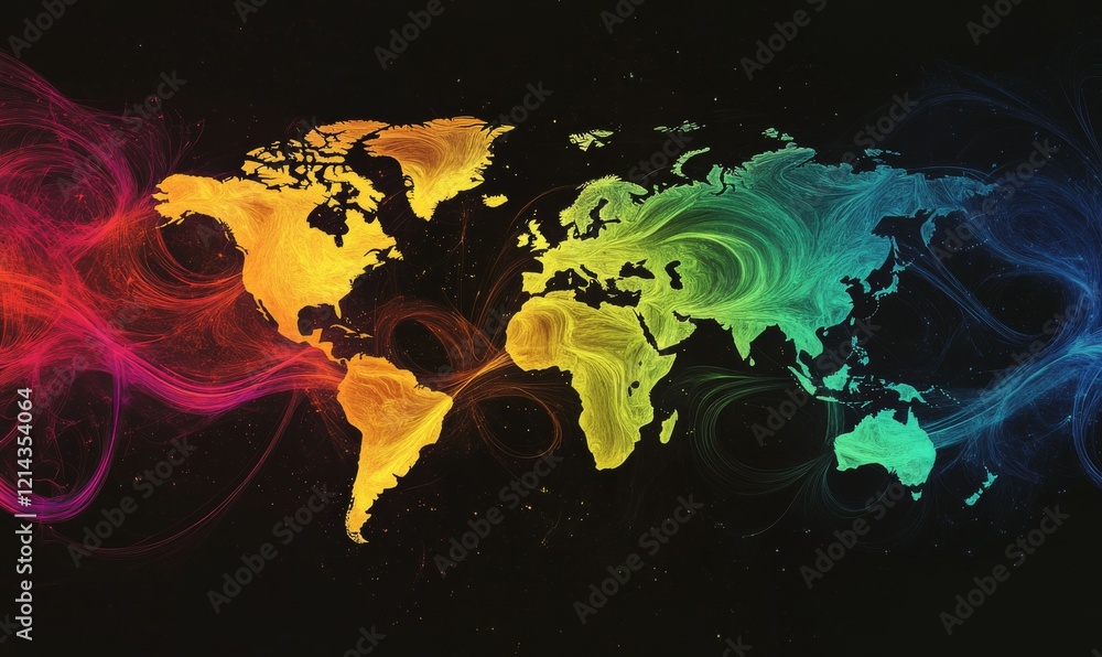 Poster colorful abstract world map design with dynamic flowing lines