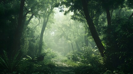 Obraz premium Mystical Forest Path Lush Green Canopy Sunlight Fog