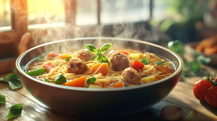Bowl of hearty soup with fresh ingredients and herbs.