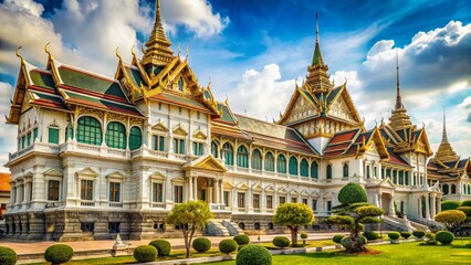 Fototapeta premium Historic European Palace Exterior, Grand Architecture, Royal Residence, Stone Facade, Architectural Detail