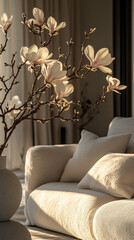 Elegant Minimalist Living Room with Blooming Magnolia Tree