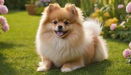 A small, fluffy Pomeranian enjoying the outdoors, highlighted by vibrant garden flowers, perfect for lifestyle and pet photography themes
