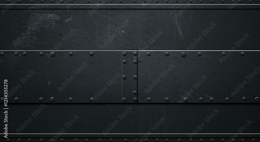 Poster a metallic surface texture in dark gray with visible rivets and subtle scratches.