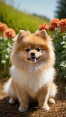 Obraz premium Fluffy and cheerful Pomeranian posing on a perfectly manicured lawn surrounded by vibrant flowers, radiating cuteness and charm