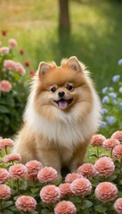 Obraz premium Fluffy and cheerful Pomeranian posing on a perfectly manicured lawn surrounded by vibrant flowers, radiating cuteness and charm