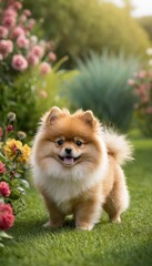 Fluffy and cheerful Pomeranian posing on a perfectly manicured lawn surrounded by vibrant flowers, radiating cuteness and charm