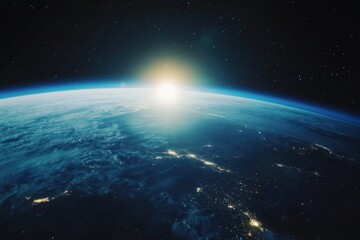 Fototapeta premium Earthrise sunrise from space, showing planet's curvature, atmosphere, and sun's glow.