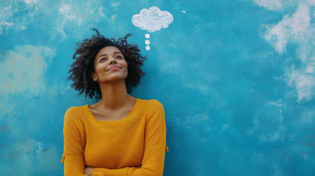 Woman Smiling at Chalk Thought Bubble on Painted Wall