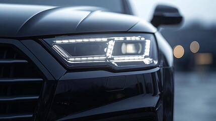 Close-up of a modern black vehicle headlamp with a shiny finish, showcasing the sleek design and sharp lighting against a grey automotive background.