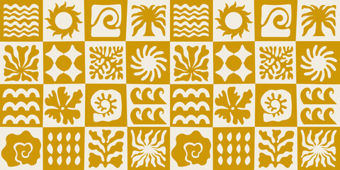 Vector seamless pattern in simple floral wavy and groovy naive style, ocean and vacation theme,  flowers and plants, floral botanic hand drawn design templates, modern art prints, surface design © venimo