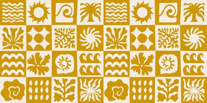 Vector seamless pattern in simple floral wavy and groovy naive style, ocean and vacation theme,  flowers and plants, floral botanic hand drawn design templates, modern art prints, surface design
