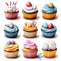 Vector cupcakes with Easter-themed decorations like eggs and bunnies.