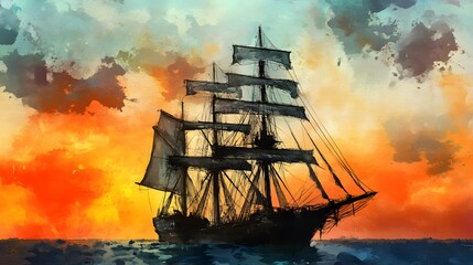 Sunset Sailboat  Ocean  Seascape  Painting  Artwork  Vintage Ship