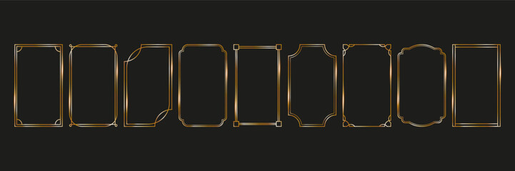 set gold frames thin linear geometric shape. elegant rectangular borders on dark background