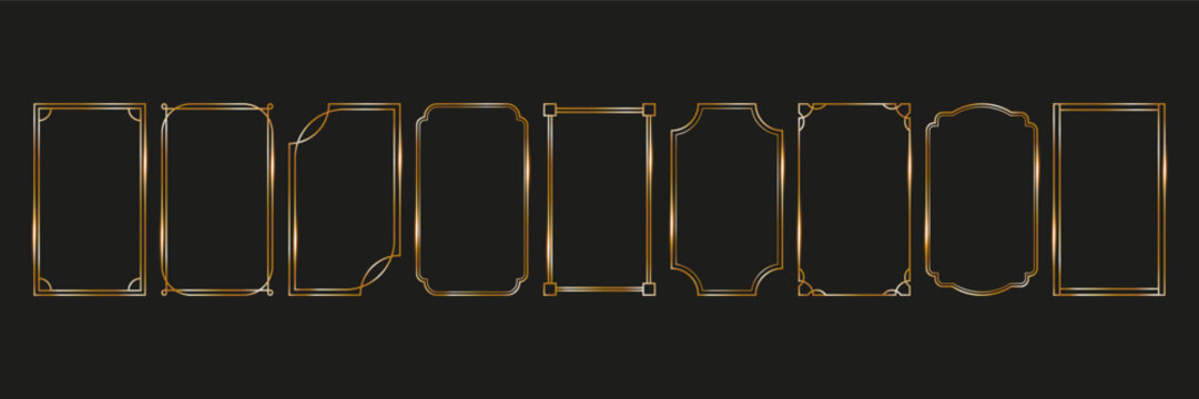 set gold frames thin linear geometric shape. elegant rectangular borders on dark background