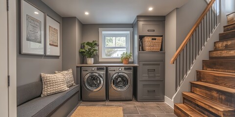 Modern laundry room design in stylish basement home interior cozy environment contemporary viewpoint functional concept for efficient living