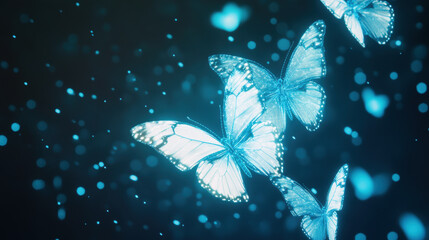 Glowing blue butterflies in a magical starry night background