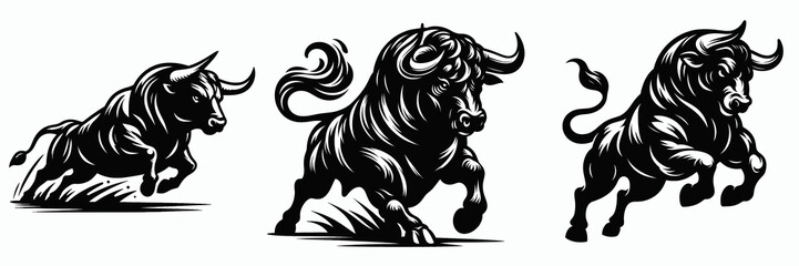 Fototapeta premium Three stylized bulls in motion, depicted in black and white, showcasing strength and dynamism.