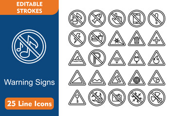 Warning Signs 25 Line Icon Set Included Icons music, parking, globe, love, key, biohazard, no photos, snow, radiactive, no fishing