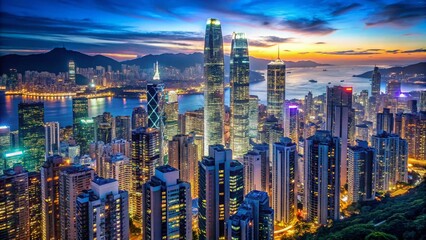 Fototapeta premium Hong Kong Skyline, Blue Sky, Cityscape, Night Photography, Urban Architecture