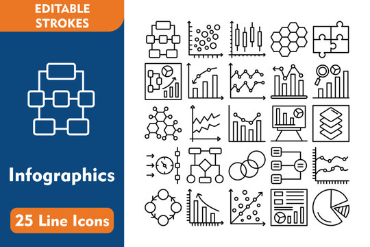 Infographics 25 Line Icon Set Included Icons hierarchy, area graph, radial list, smooth lines, cycle, growth, scatter graph, infographic, pie 
