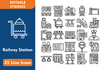 Railway Station 25 Line Icon Set Included Icons waiting room, ticket machine, tanker, electric train, checkpoint, luggage, food service, exit, 