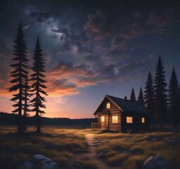 Illustration of wild landscape with cabin and starry sky.