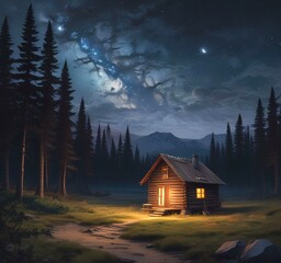 Illustration of wild landscape with cabin and starry sky.