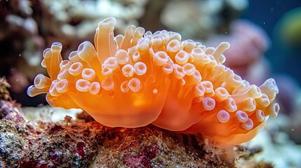 Orange coral polyps underwater reef closeup.