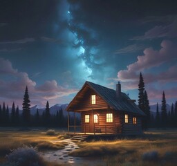 Illustration of wild landscape with cabin and starry sky.