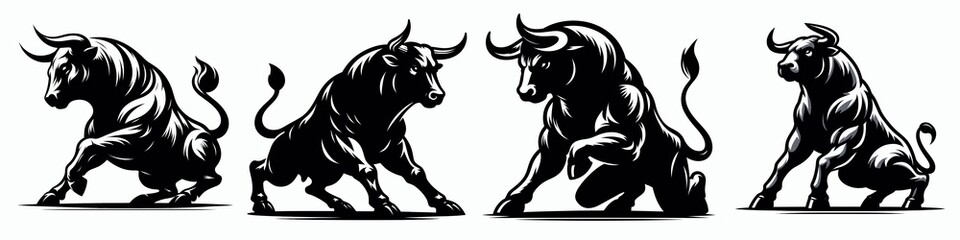 A series of four stylized bull illustrations, showcasing different poses and expressions, emphasizing strength and power.