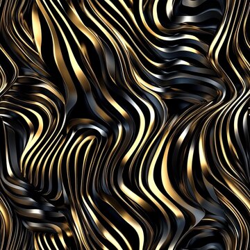 Seamless abstract 3D zebras with striped metallic textures in black and gold . Seamless abstract 3d pattern background