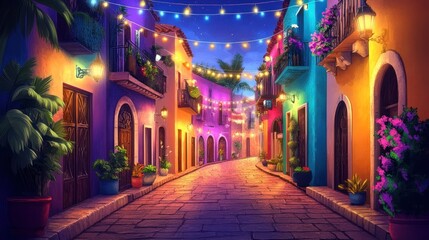 Vibrant Night in a Colorful Coastal Town