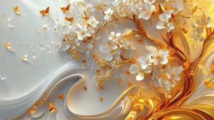 Golden Blossoms and Butterflies Abstract Floral Art.