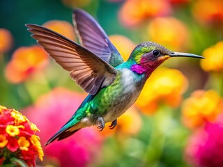 Fototapeta premium Hummingbird in Flight, Sharp Focus, Vibrant Colors, Detailed Feathers, Garden Bloom