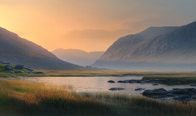 Coastal sunrise over sea and mountains
