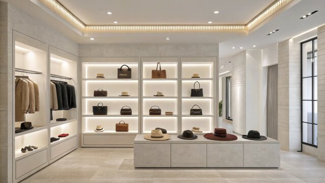 A minimalist design incorporates open storage where bags and hats rest on spacious ledges and the radiant glow from LED fixtures adds a touch of luxury to the surroundings.