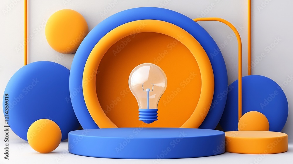 Poster abstract 3d rendering of a lightbulb on a blue platform with orange and blue circles.