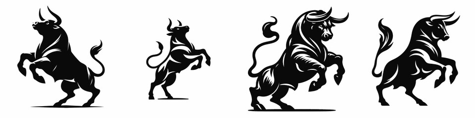 Fototapeta premium Four stylized bulls depicted in black silhouette, showcasing dynamic poses and strength, representing power and vitality.