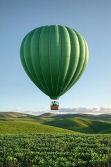 Obraz premium A green hot air balloon soaring over lush green hills under a clear blue sky.