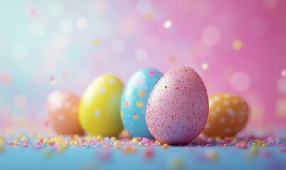 Obraz premium Colorful Easter eggs with a festive greeting on a bright background