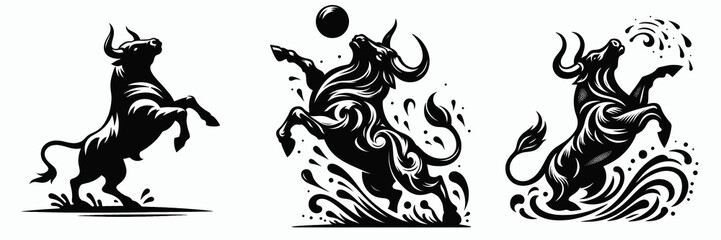Obraz premium Three stylized bull illustrations in dynamic poses, showcasing movement and energy, with a focus on artistic design and black-and-white contrast.