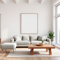 Frame mockup, ISO A paper size. Poster mockup on living room wall. Interior mockup with modern minimalist living room design. A bright, elegant space with a white sofa,