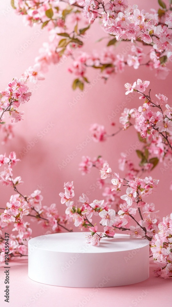 Poster a serene setup features a smooth white podium on a soft pink backdrop, framed by branches of bloomin