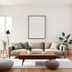 Frame mockup, ISO A paper size. Poster mockup on living room wall. Interior mockup with modern...