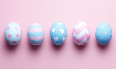 Collection of Precisely organized Eggs with Heart Patterns. Pink and Blue Easter Background.